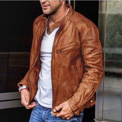 Solid Collar Zip-Up Leather Jacket