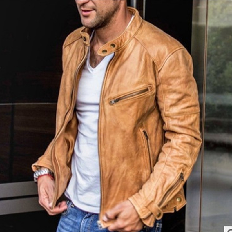 Solid Collar Zip-Up Leather Jacket