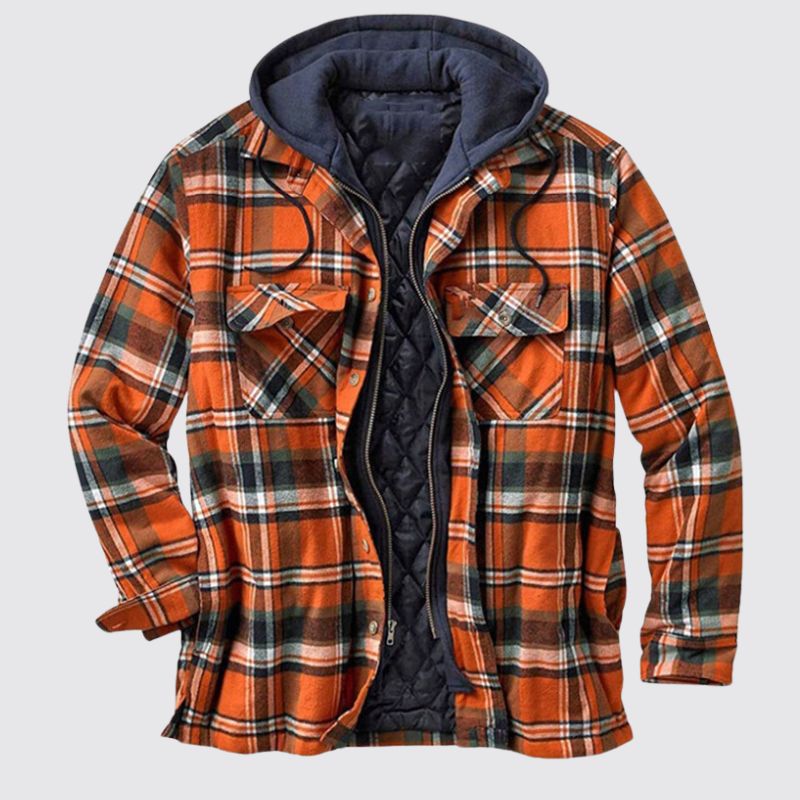 Orange Plaid Hooded Zip Long Sleeve Coat