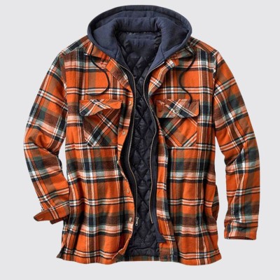 Orange Plaid Hooded Zip Long Sleeve Coat