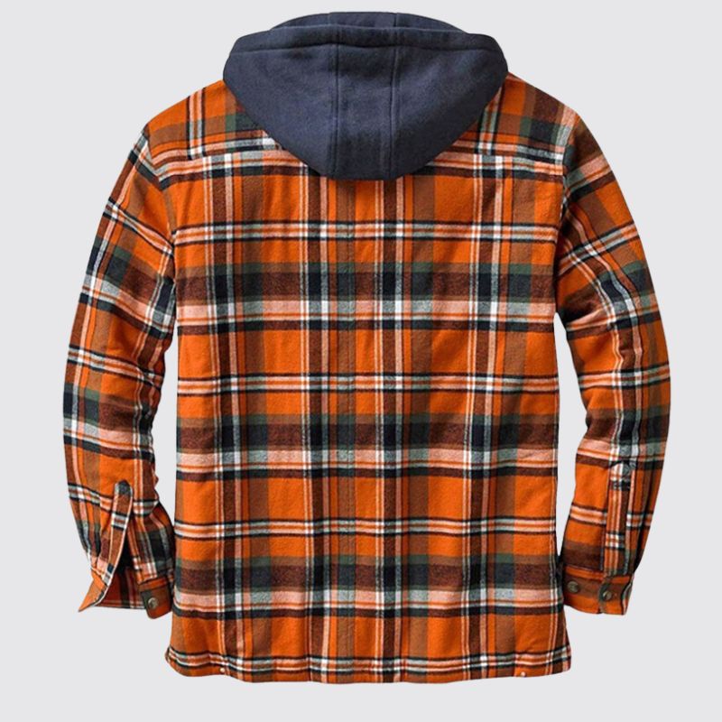 Orange Plaid Hooded Zip Long Sleeve Coat