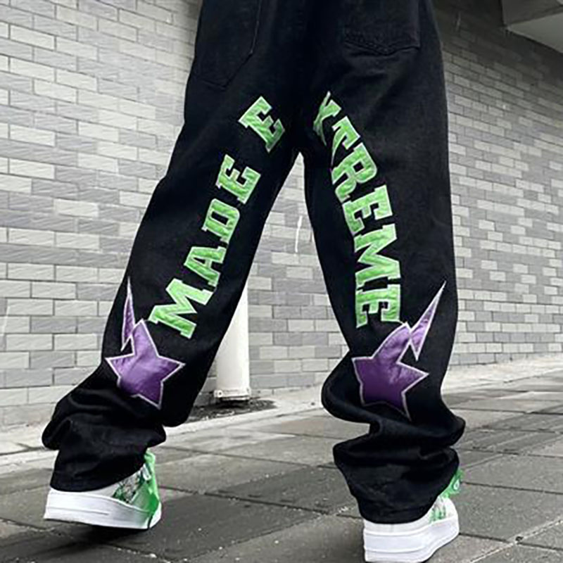 Hip Hop Street Lightning Star Patch Casual Jeans