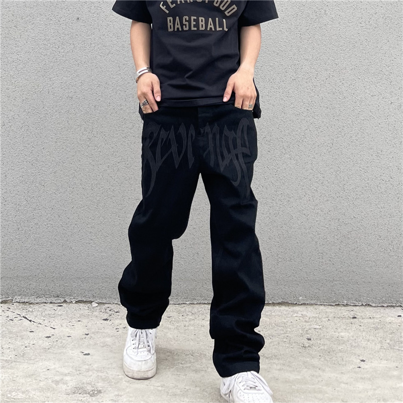 Black Street Retro Embroidered Letter Hip Hop Jeans - Helloice Apparel
