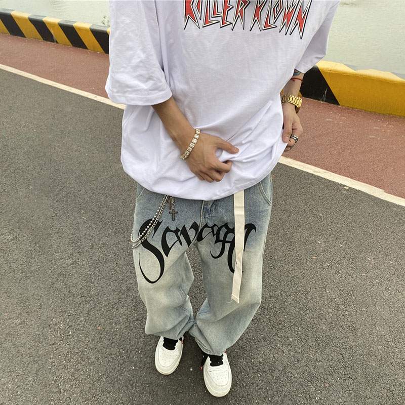 Street Hip Hop Street Letter Print Vintage Jeans