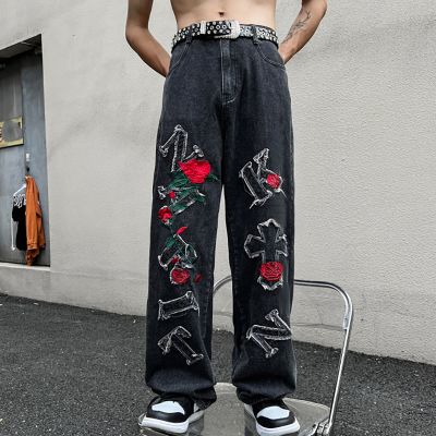 Embroidered Sculpted Rose Straight Jeans