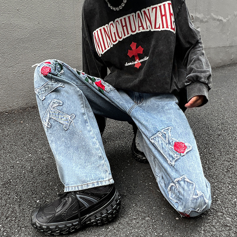 Embroidered Sculpted Rose Straight Jeans