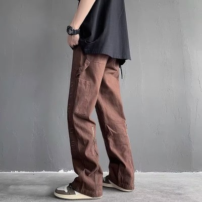 Brown Street Straight Zipper Casual Trousers