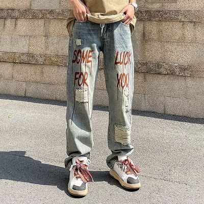 Street Vintage Letter Ripped Jeans