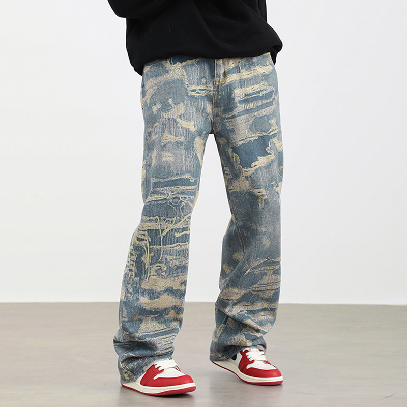 Street Vintage Ripped Patch Straight Loose Jeans