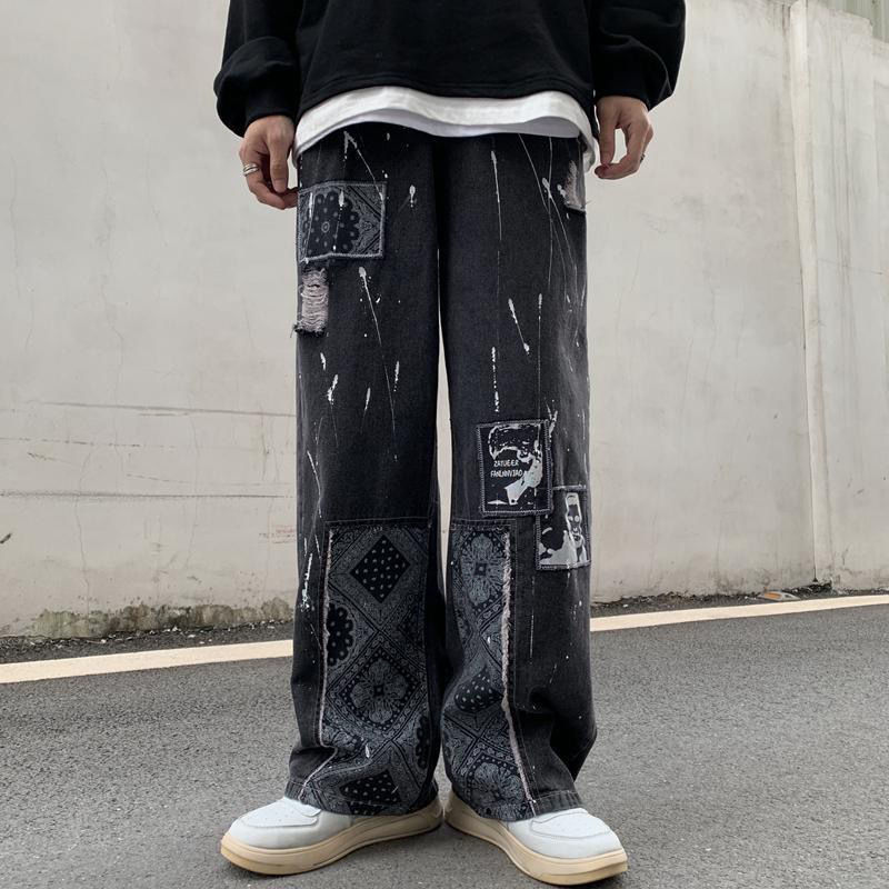 Hip Hop Vintage Paneled Patch Print Ripped Jeans