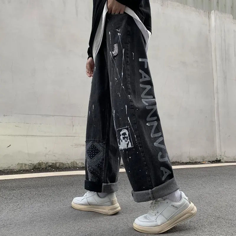 Hip Hop Vintage Paneled Patch Print Ripped Jeans