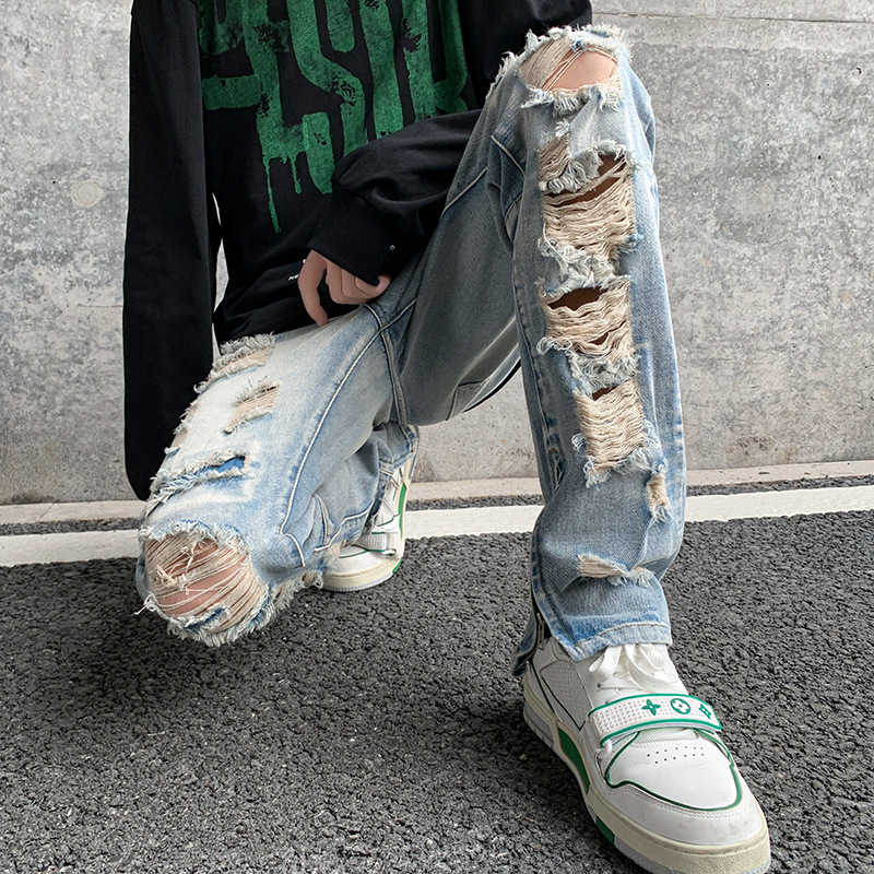 Street Zip Slit Ripped Jeans