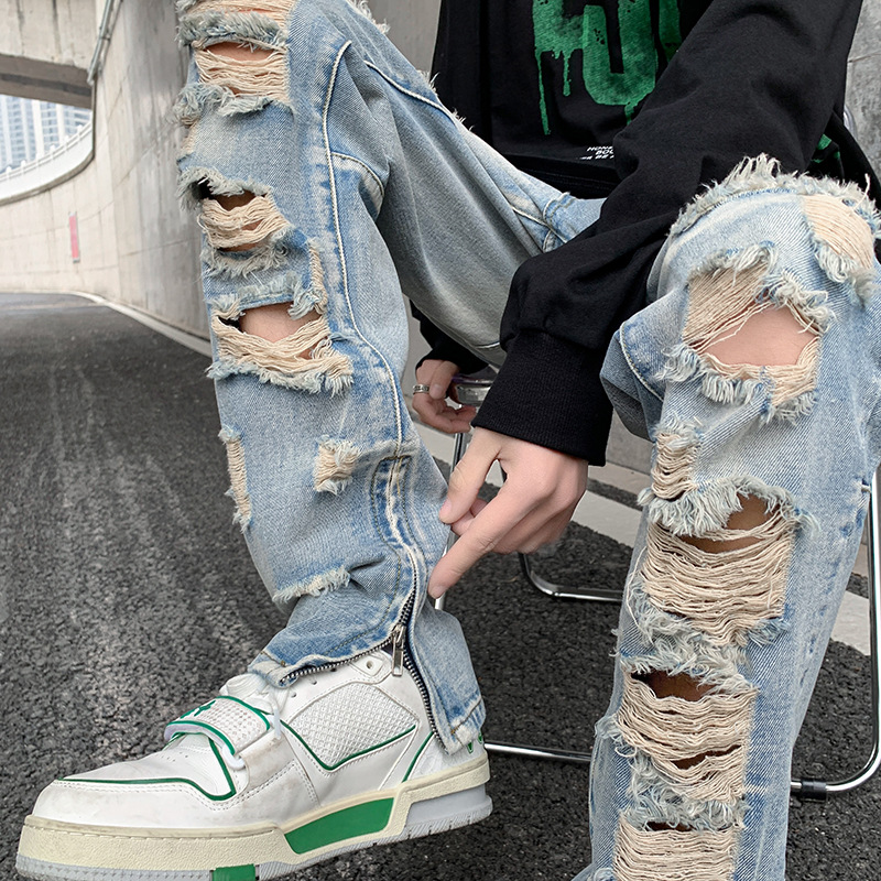 Street Zip Slit Ripped Jeans