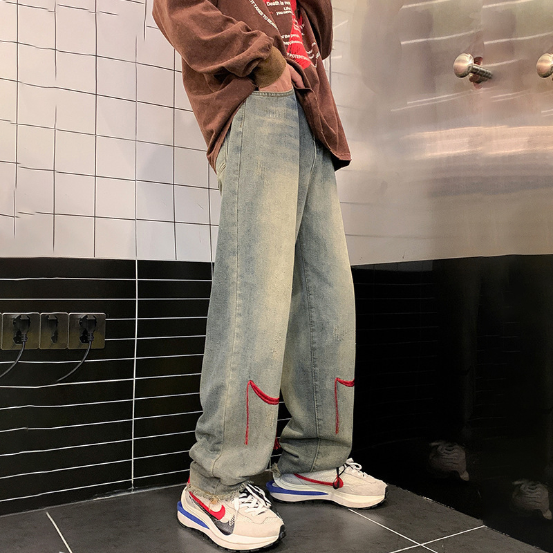 Street Red String Embroidered Jeans