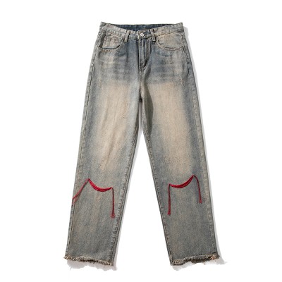 Street Red String Embroidered Jeans