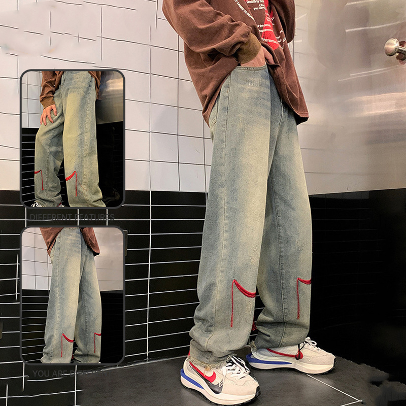 Street Red String Embroidered Jeans