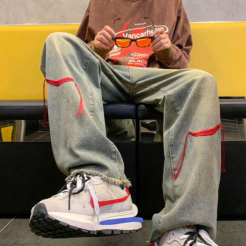 Street Red String Embroidered Jeans