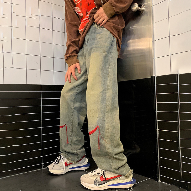 Street Red String Embroidered Jeans