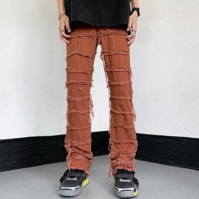 Street Fashion Brown Raw Edge Stitching Jeans