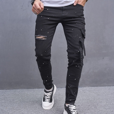 Solid Color Spotted Ripped Pleated Pants Trendy Jeans
