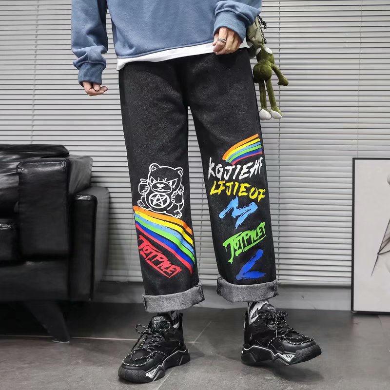 Drape Straight Cartoon Graffiti Jeans