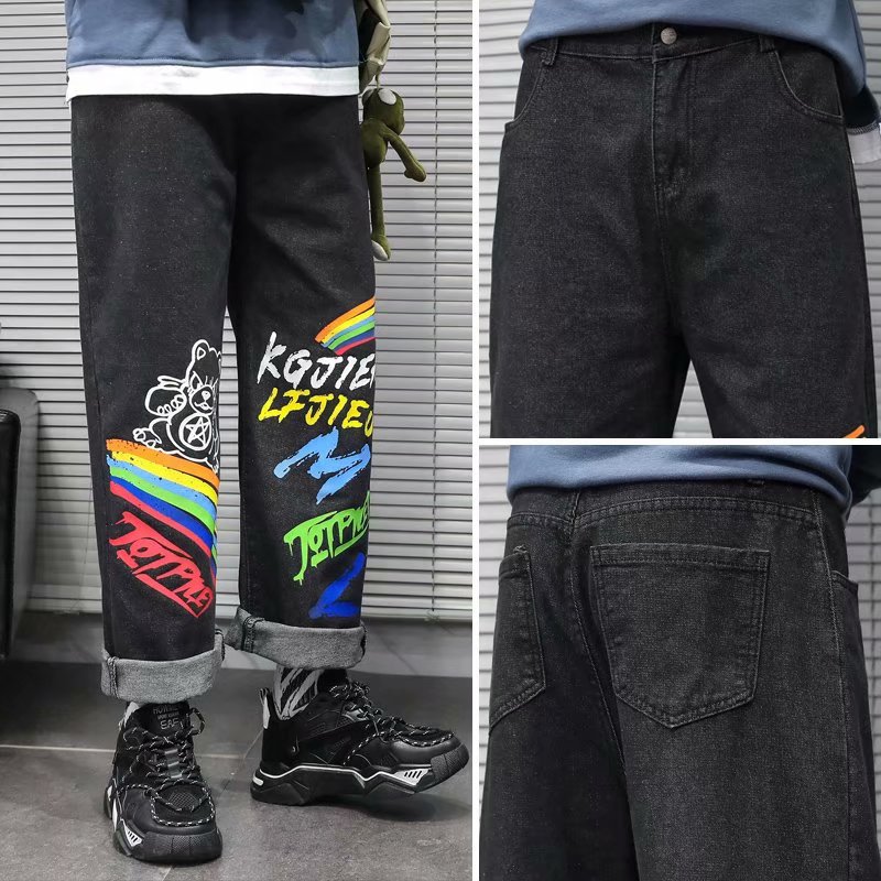 Drape Straight Cartoon Graffiti Jeans