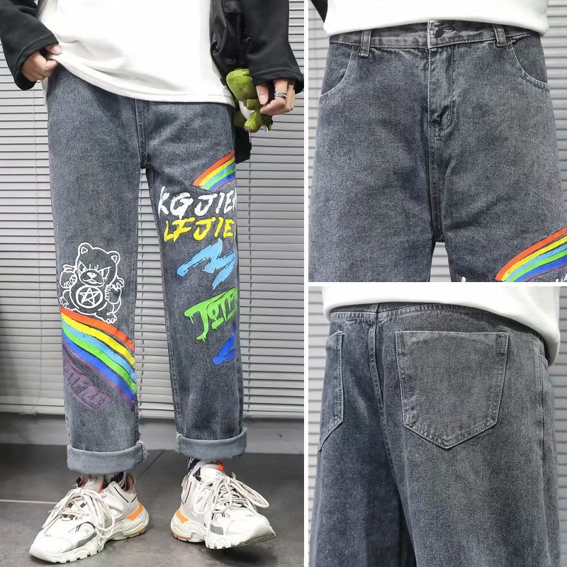 Drape Straight Cartoon Graffiti Jeans