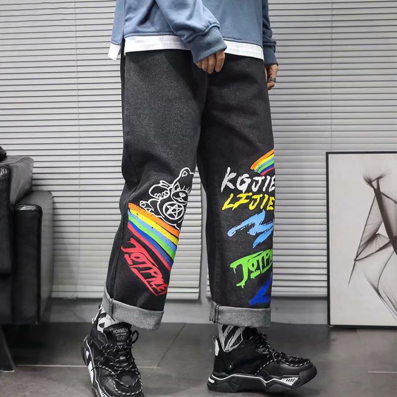 Drape Straight Cartoon Graffiti Jeans