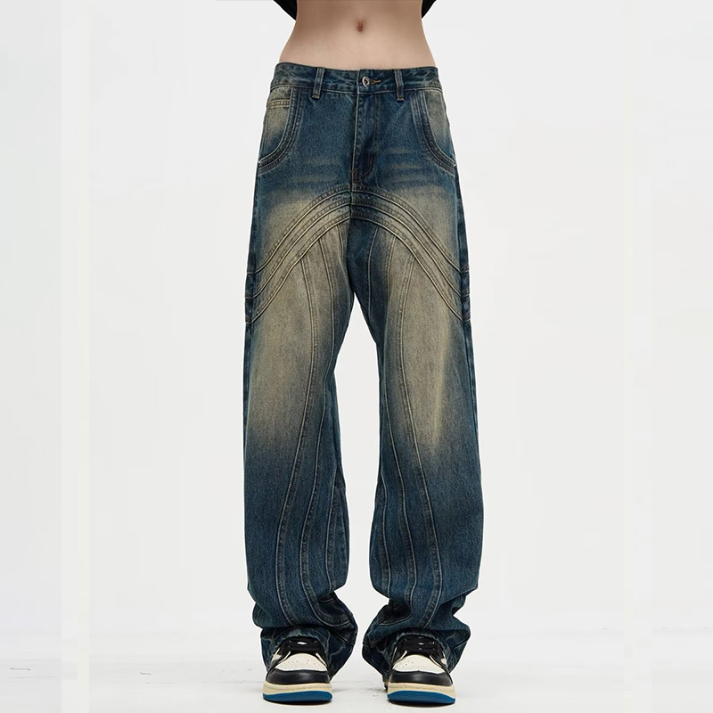 Casual Panel Nostalgic Blue Straight Jeans