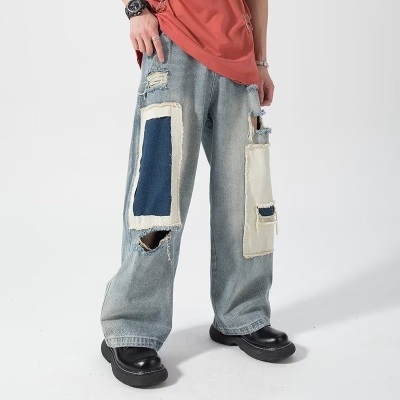Vintage Destroyed Patch Contrast Jeans