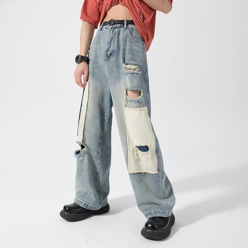 Vintage Destroyed Patch Contrast Jeans