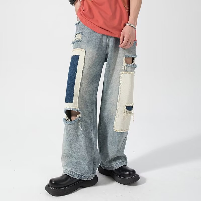 Vintage Destroyed Patch Contrast Jeans