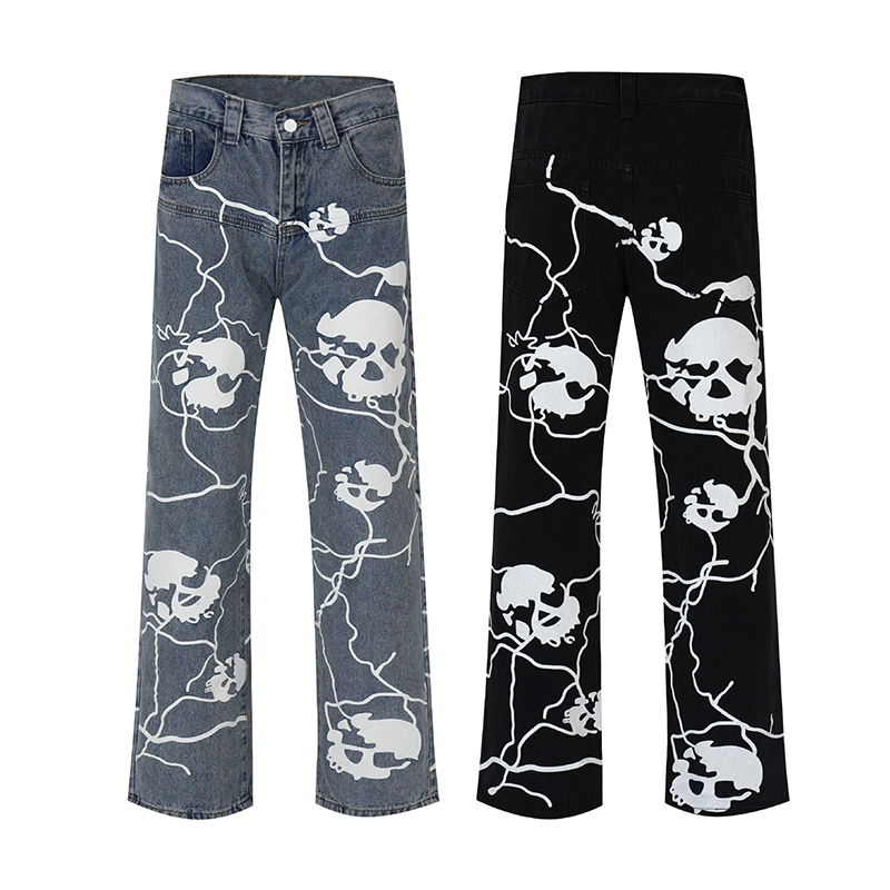 Skull Print Dark Denim Jeans