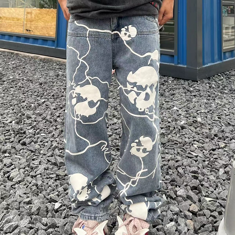 Skull Print Dark Denim Jeans