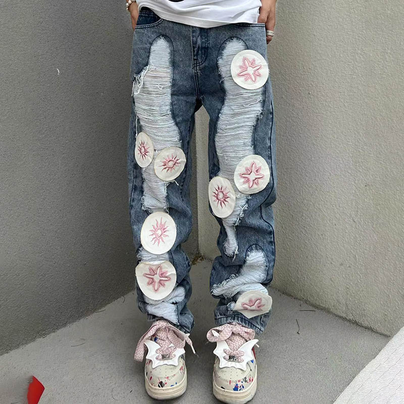 Ripped Patch Sunflower Embroidered Jeans Helloice Apparel