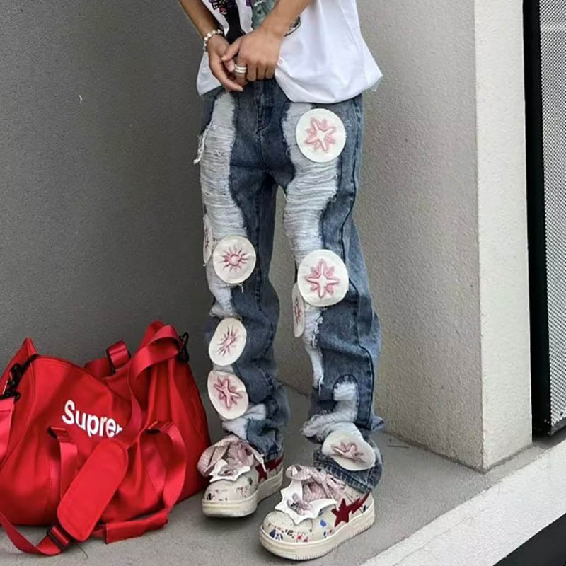 Ripped Patch Sunflower Embroidered Jeans Helloice Apparel