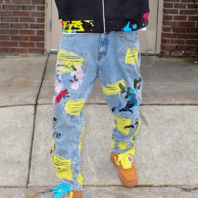 Street Hiphop Patch Embroidery Ripped Jeans