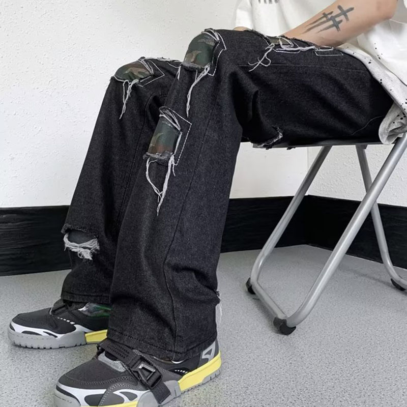 Ripped Camouflage Straight Vintage Jeans