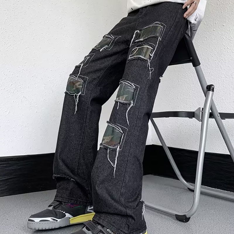 Ripped Camouflage Straight Vintage Jeans