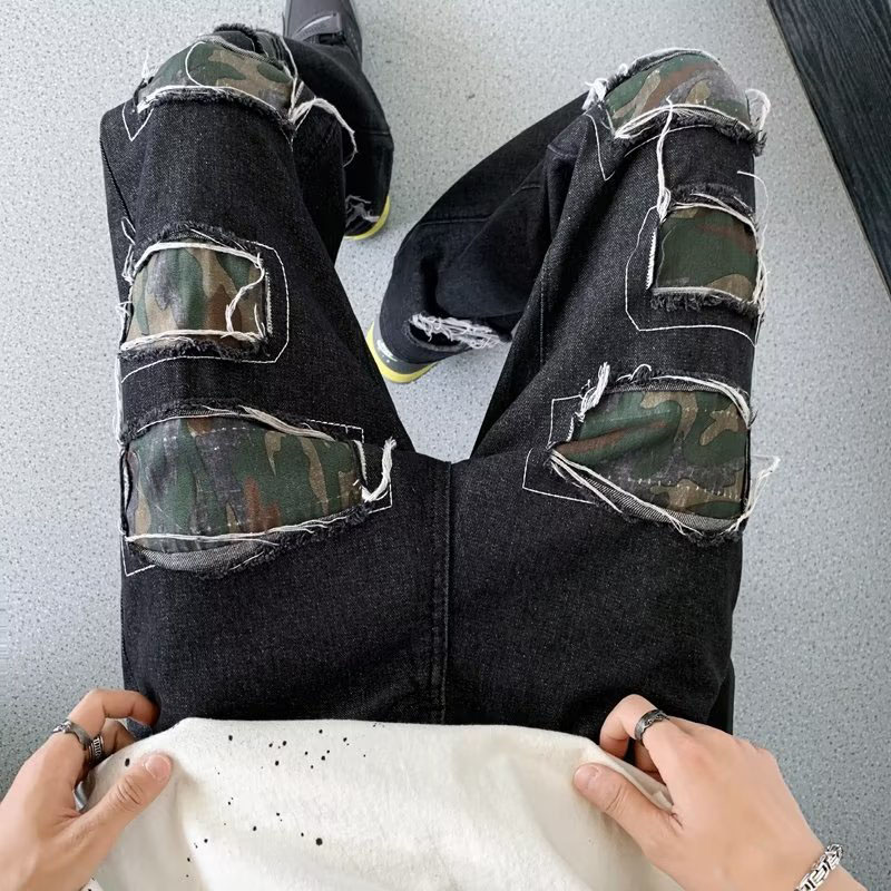 Ripped Camouflage Straight Vintage Jeans