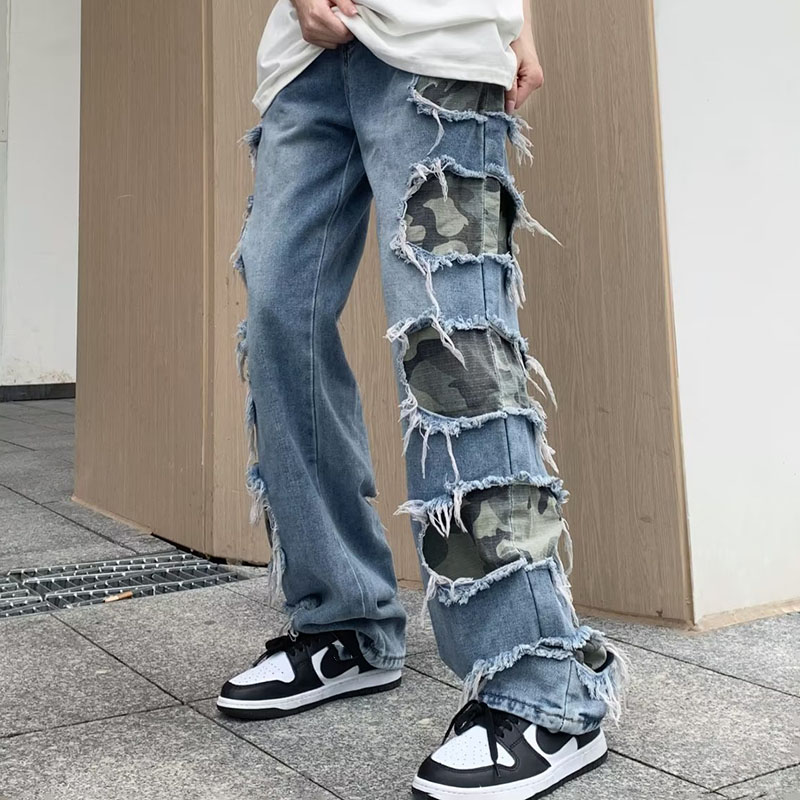 Frayed Camouflage Panel Jeans
