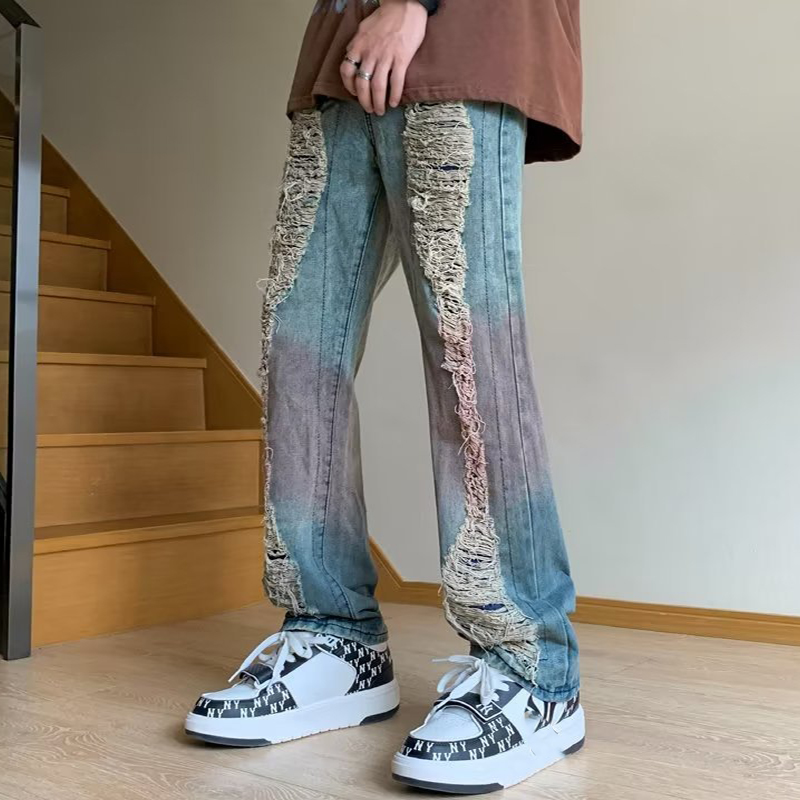 Washed Distressed Straight Jeans