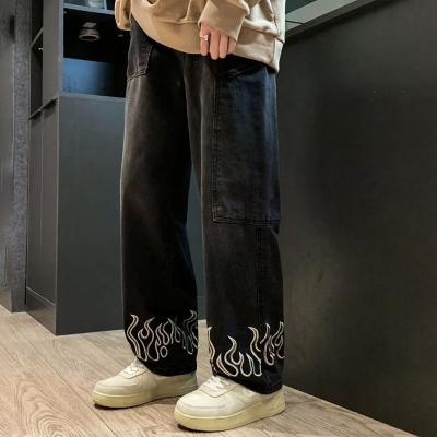 Flame Embroidered Straight Jeans