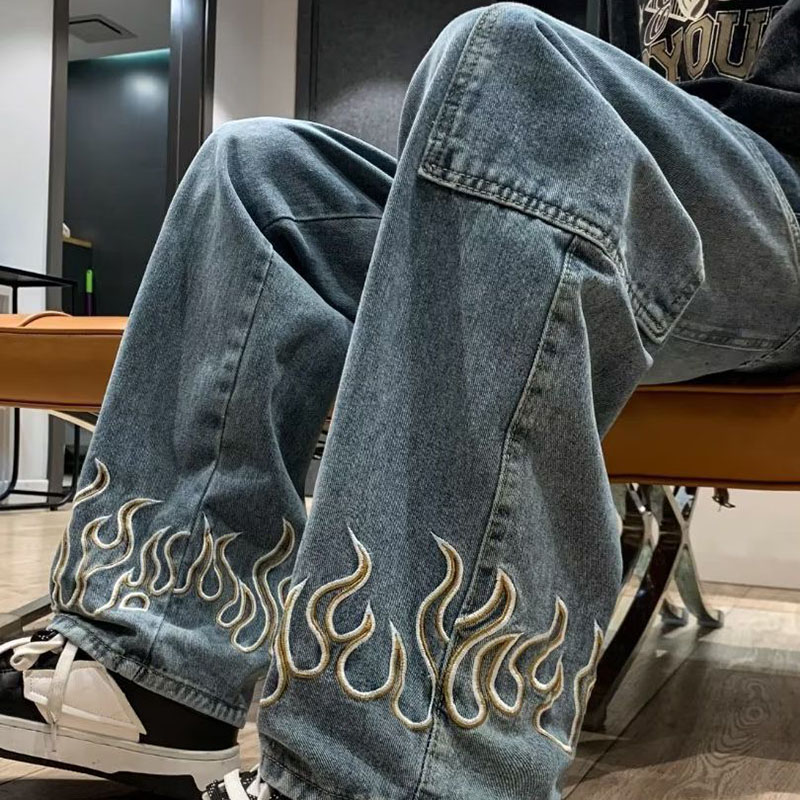 Flame Embroidered Straight Jeans