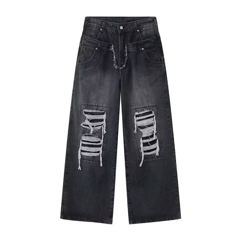 Double Waistband Ripped Patch Jeans