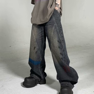 Deconstructed Patchwork Distressed Graffiti Jeans
