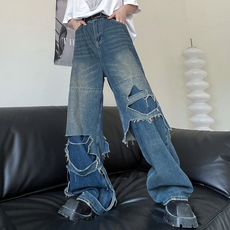 Double Layered Ripped Wide Leg Jeans