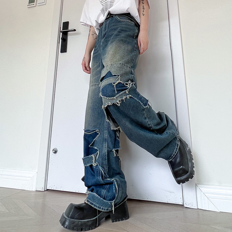 Double Layered Ripped Wide Leg Jeans