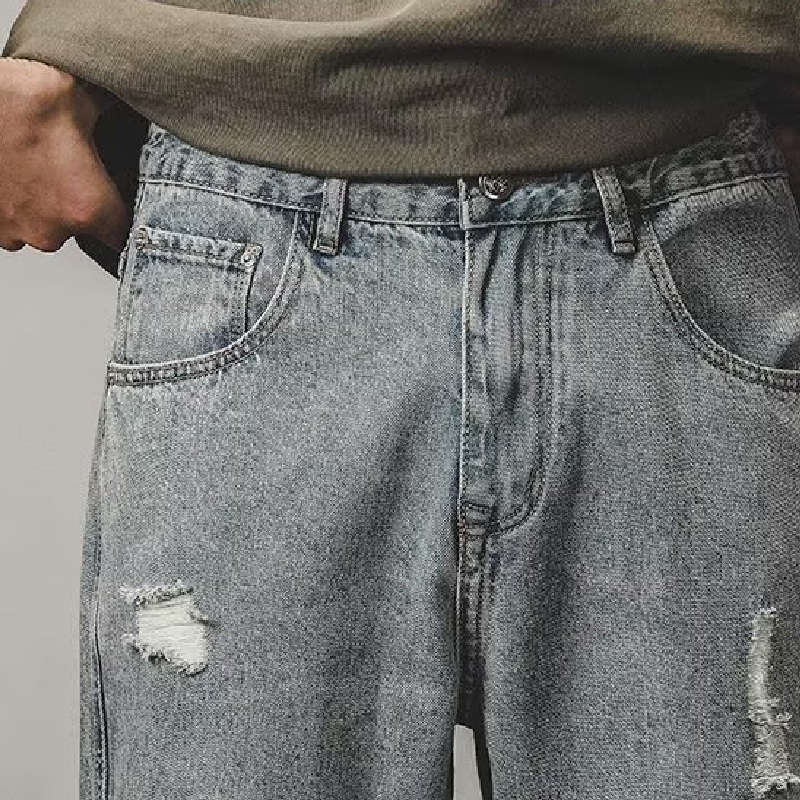 Washed Ripped Straight-Leg Jeans