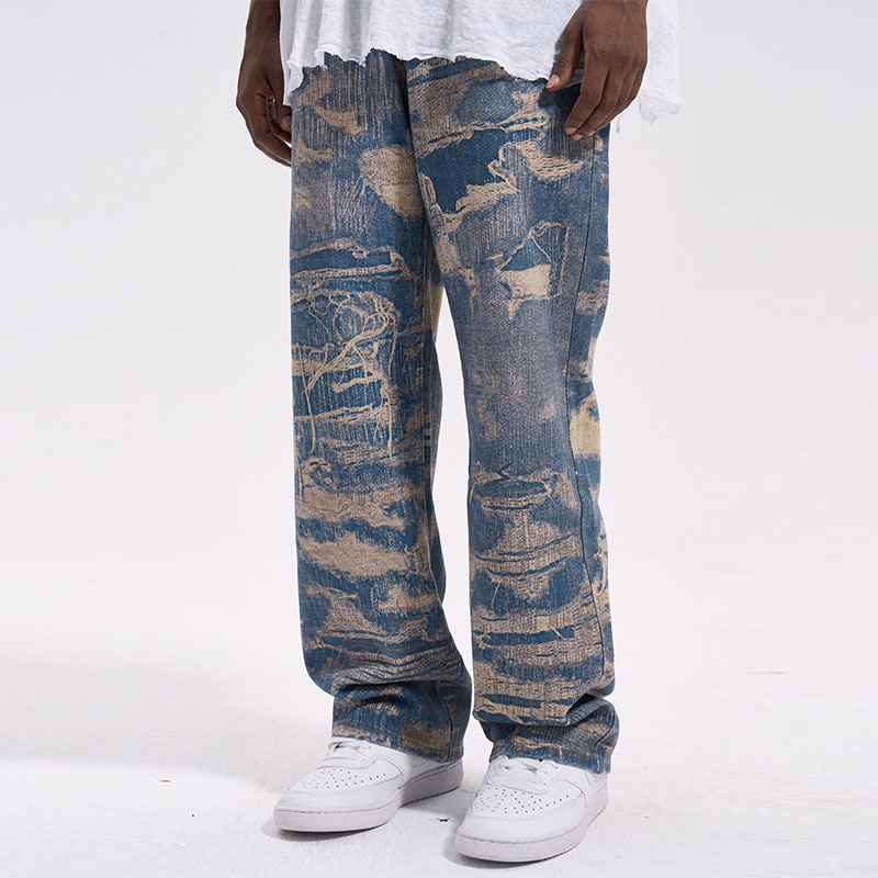 Destroy Style All Over Print Wide Leg Jeans